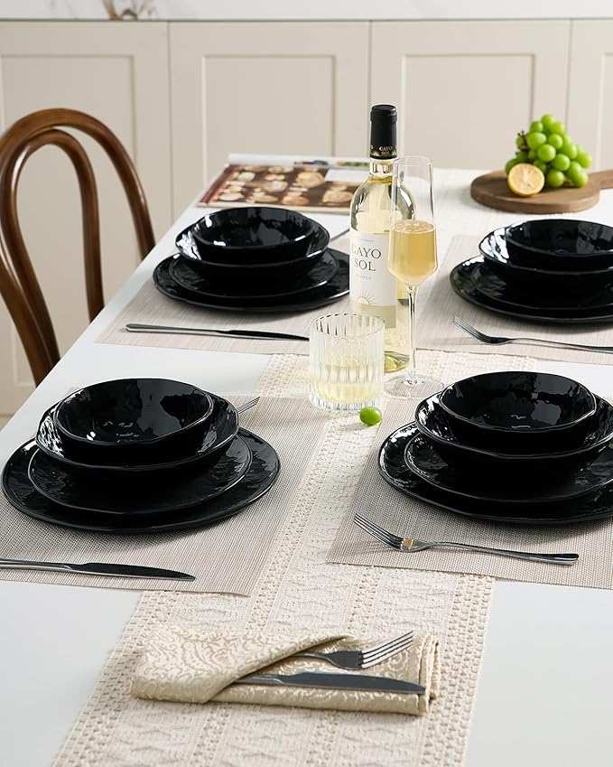Famiware Porcelain kitchen plates and bowls set Modern dishes set for 6 Handmade Wave Edge Dinnerware Sets Microwave and Dishwasher Safe Tableware Glossy-black (24pc)