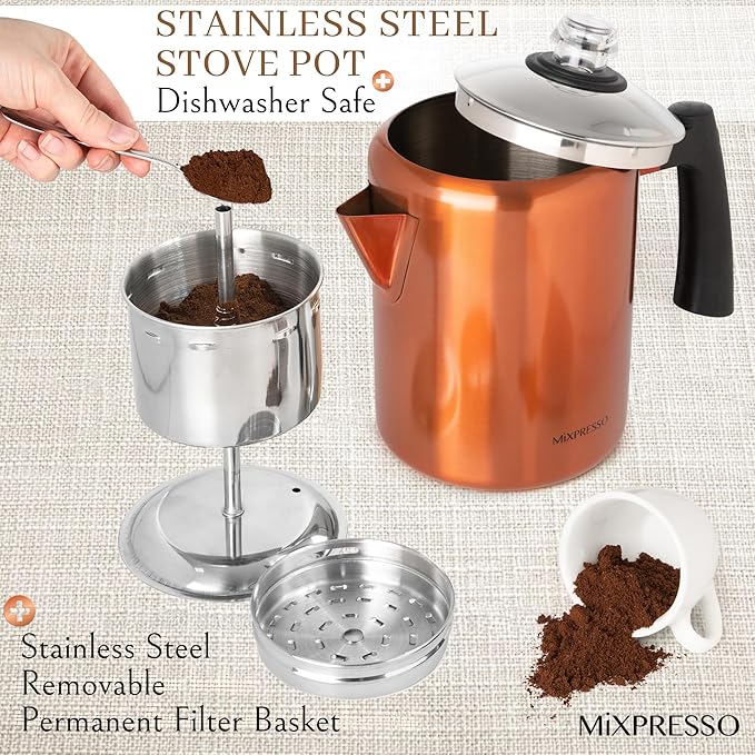 Mixpresso Copper Stainless Steel Coffee Percolator Stovetop 37oz Classic Percolator Coffee Pot Great For Camping Pot 5-8 Cup Stove Top Espresso Maker Cool-Touch Handle
