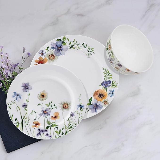 Mikasa Audrina Water Color Flowers Bone China Lightweight Chip Resistant 12 Piece Dinnerware Set Service for 4 White