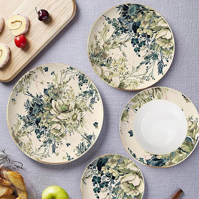 gold trim dinnerware set service for 6 24 pieces bone china dishes set premium ceramic plate sets present for housewarming anniversary Mother's Day