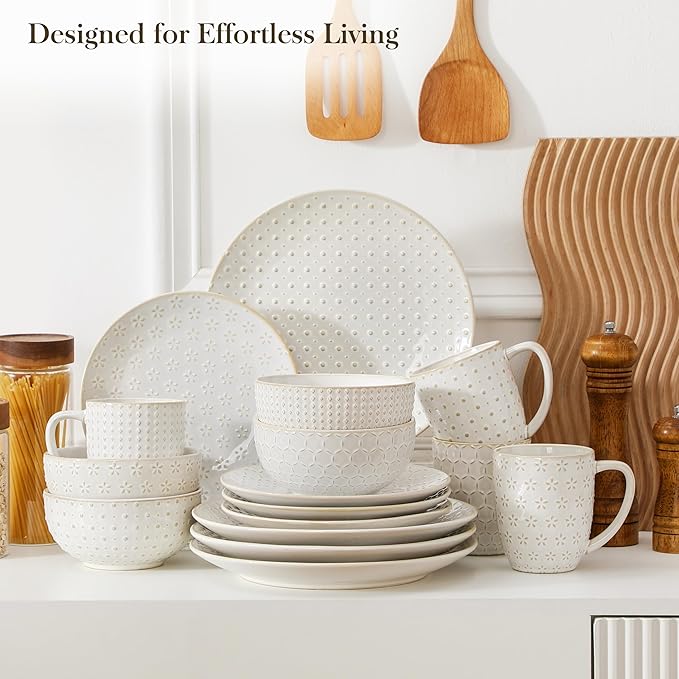 MALACASA 16 Pieces Dinnerware Sets Modern Relief Design Plates and Bowls Sets White Dish Set for 4 Kitchen Ceramic Dinner Plates Dishware Set Microwave and Dishwasher Safe Series LYDIA