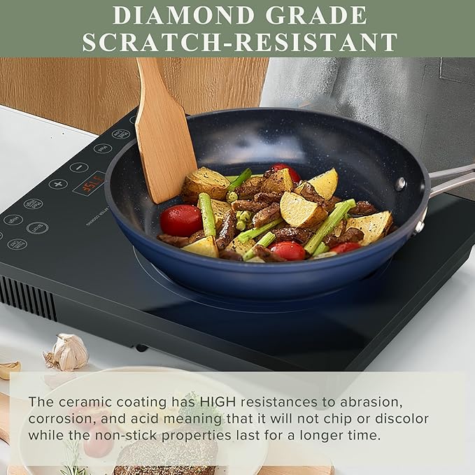 Nuwave Healthy Duralon Blue Ceramic Nonstick 12pc Cookware SetDiamond Infused Scratch-ResistantPFAS FreeDishwasher &amp Oven SafeInduction Ready &amp Evenly Heats Tempered Glass Lids Stay-Cool