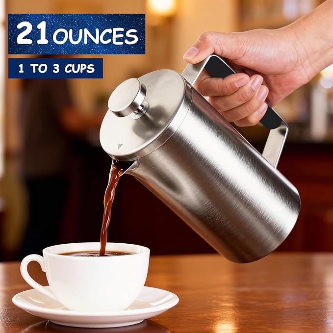Samll French Press Coffee Maker 21OZ Stainless Steel 600ml Coffee Press with Black Handle for Personal Office TravelCamping (Sanding Silver 1-3 Cups)