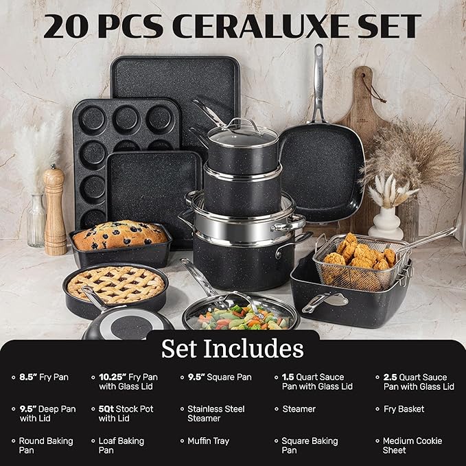 Granitestone Ceraluxe 20 Pc Ceramic Cookware Set Nonstick Complete Pots and Pans Set Non Stick with 5 Pc Bakeware Set Deep Frying Pan Set &amp Steamer Non Toxic PFOA Free Oven &amp Dishwasher S