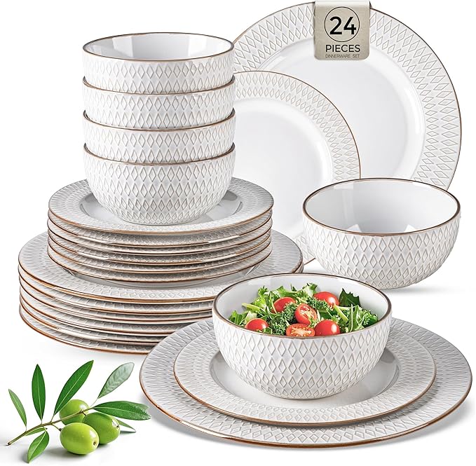 GBHOME Ceramic Dinnerware Sets 24 pcs Embossed Elegant Stoneware Plates and Bowls Sets Housewarming Wedding Gift | Dishwasher &amp Microwave Safe | Dishes Set Service for 8