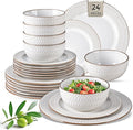 GBHOME Ceramic Dinnerware Sets 24 pcs Embossed Elegant Stoneware Plates and Bowls Sets Housewarming Wedding Gift | Dishwasher &amp Microwave Safe | Dishes Set Service for 8
