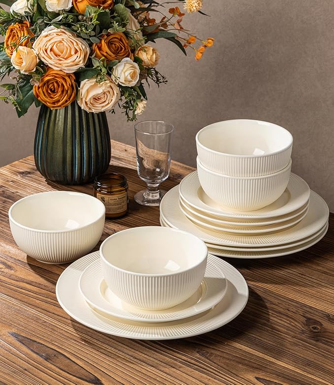 TheTerra Stoneware Dinnerware Sets for 4 12 Pieces Ceramic Plates and Bowls Sets Scratch Resistant Embossed Dish Set Oven Microwave &amp Dishwasher Safe Beige