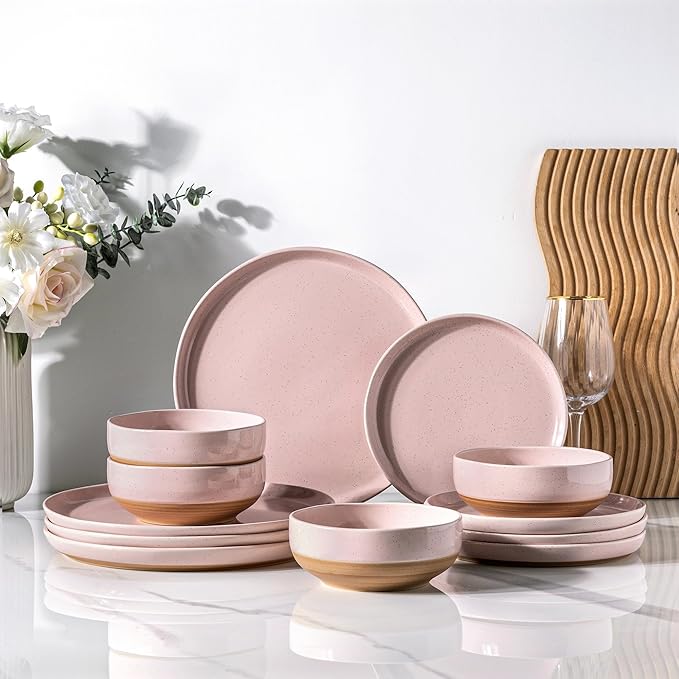 AmorArc Ceramic Dinnerware Sets for 4 12 Pieces Handpainted Plates and Bowls Set with Rustic Terracotta Underside Scratch Resistant Stoneware Dishes Set Dishwasher &amp Microwave Safe Cloud Pink