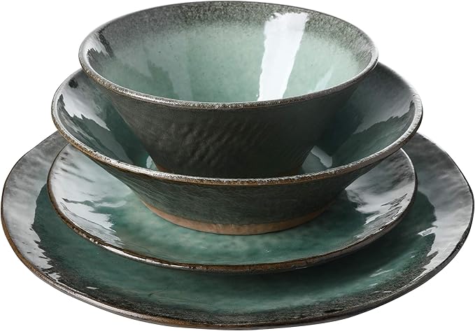 Gibson Elite Green Lantern Service for 4 (16 Piece) Double Bowl Dinnerware Set Teal Soft Gray Dinnerware Set