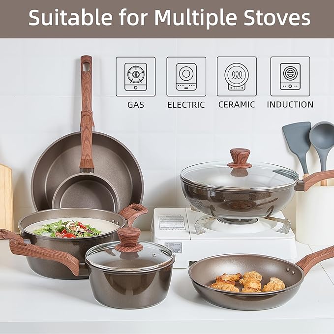 12Pcs Pots and Pans Set Nonstick Cookware Sets Non Stick Pots and Pan Set with Frying Pans Saucepans Steamer Silicone Shovel Spoon