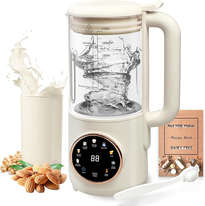 8 in 1 Nut Milk Maker Machine 48oz Homemade Almond Oat Soy Coconut Plant-Based and Non-Dairy Beverages with Self-Cleaning Boil Water Delay Start Keep Warm 16 Blade Blender Glass Jar