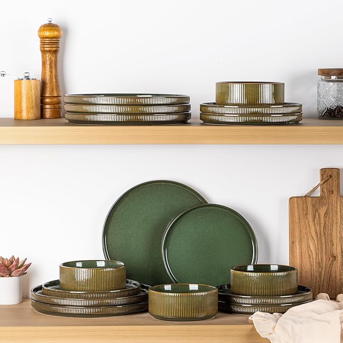 GBHOME Stoneware Dinnerware Sets for 4 12 Pieces Ceramic Ribbed Plates and Bowls Set Reactive Glaze Stackable Plate Sets Scratch Resistant Dishes Microwave &amp Dishwasher Safe Sage Green