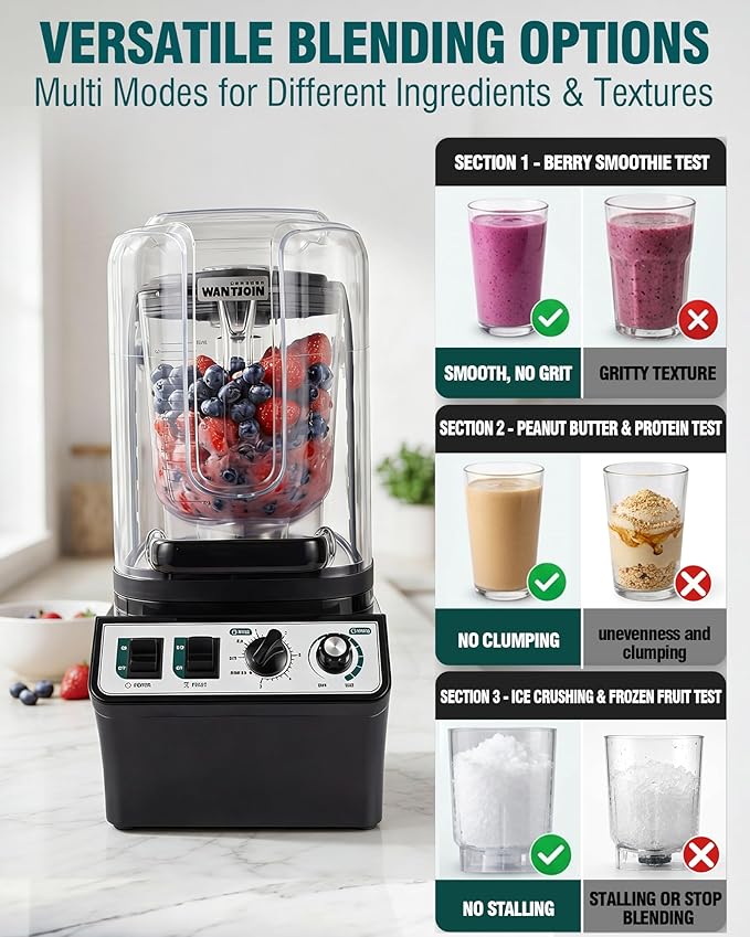 WantJoin Commercial Blender- 80Oz Quiet Smoothie Blender with Soundproof Shield Professional Ice Crusher Heavy Duty with Self-Cleaning High-speed Ice Drink Maker for Restaurant Bars Café Home