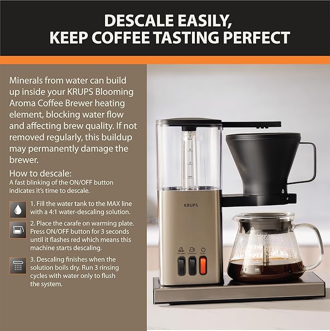 KRUPS Essential Brewer 8 Cup Drip Coffee Maker Machine SCA-Certified Blooming Technology Barista-Quality Pour Over Coffee Machine Easy to Clean Stainless Steel Design Silver