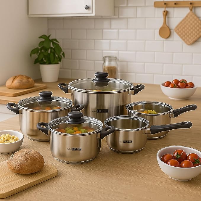Well Home 8-Piece Stainless Steel Cookware Set + 3 Pans Diameter 16 x 20 x 24 cm Matte Blue Pressed Aluminium