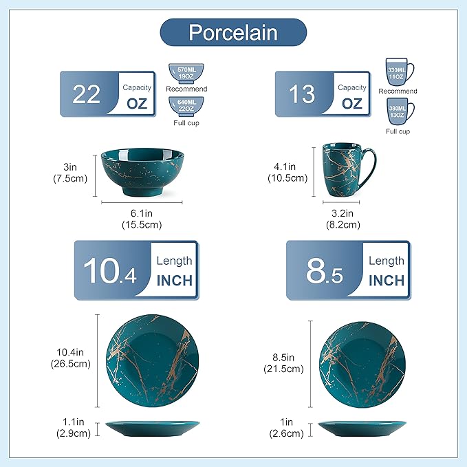LOVECASA Porcelain Dinnerware Sets for 4 16 PCS Plates and Bowls Set Color Glaze with Gold Plate Dish Set Dinner Sets with Dinner Plates Dessert Plate Bowls and Mugs Dark Green