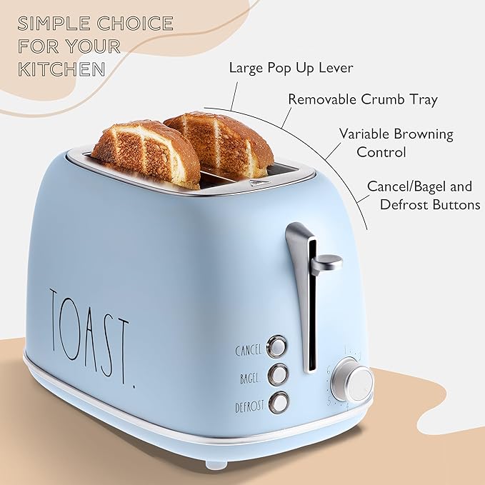 Rae Dunn Retro Rounded Bread Toaster 2 Slice Stainless Steel Toaster with Removable Crumb Tray Wide Slot with 6 Browning Levels Bagel Defrost and Cancel Options (Baby Blue)