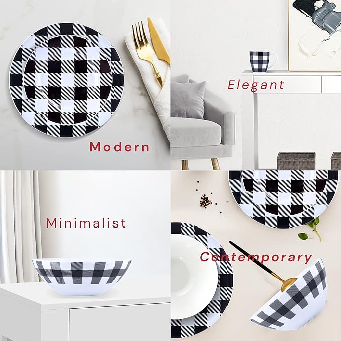 Winter Frost White Black Modern Kitchen Dinnerware Sets Indoor and Plates 16-Piece Plaid Kitchen Plates and Bowls Set with Mugs Dishwasher Safe