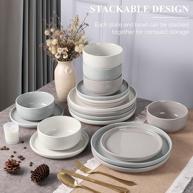 Vesteel 18-Piece Dinnerware Set Ceramic Plates and Bowls Set for 6 Speckled Stoneware Dishes Set for Family Microwave &amp Dishwasher Safe - Multi-Color