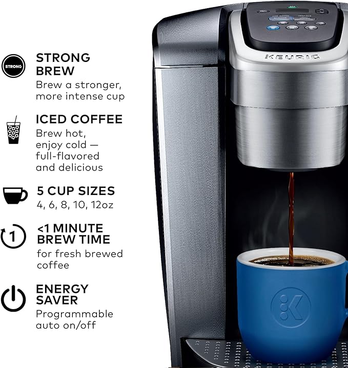 Keurig K-Elite Single Serve K-Cup Pod Coffee Maker with Strength and Temperature Control Iced Coffee Capability 8 to 12oz Brew Size Programmable Brushed Silver