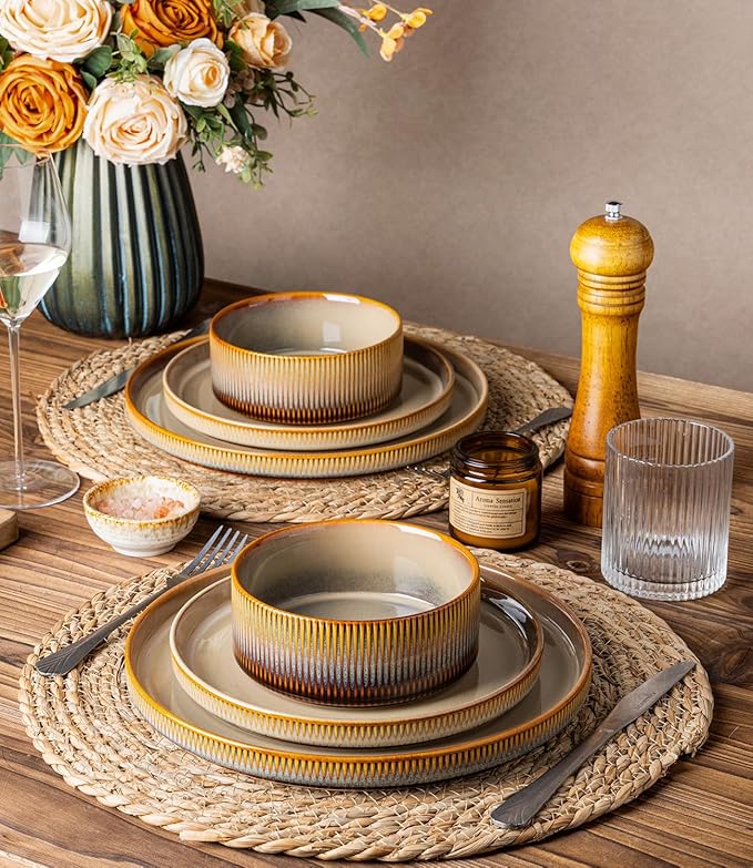 TheTerra Ceramic Dinnerware Sets for 6 18 Pieces Porcelain Lightweight Plates and Bowls Sets Scratch Resistant Dish Set Oven &amp Microwave &amp Dishwasher Safe Creamy Amber