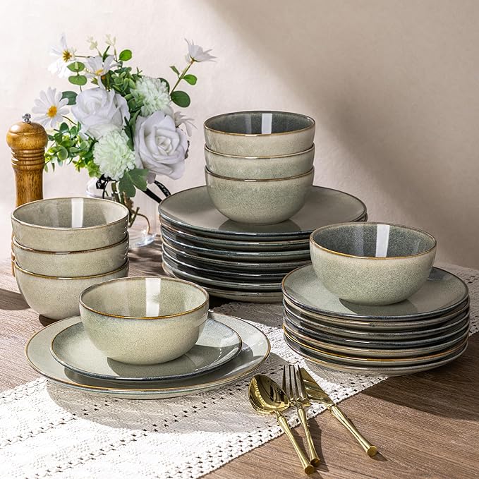 AmorArc Ceramic Dinnerware Sets for 8 24 Pieces Handpainted Stoneware Plates and Bowls Set Scratch Resistant Dishes Set Dishwasher &amp Microwave Safe Reactive Color