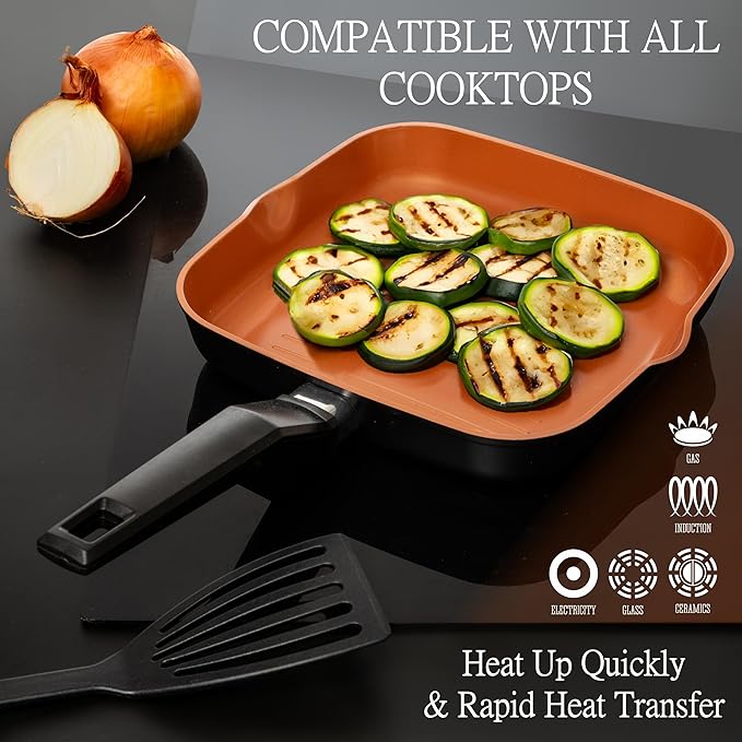 Moss &amp Stone 5 Pcs Copper Chef Cookware Set 9.5” Non Stick Deep Frying Pan Fry Basket Dishwasher &amp Oven Safe Induction Copper Cookware Set Bundle With Square Grill Pan For Indoor Cooking
