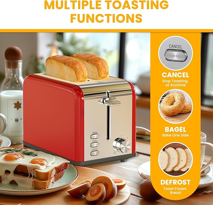 Simple Deluxe 2-Slice Toaster 6 Browning Setting and 3 Function Stainless Steel Toaster Extra Wide Slot &amp Removable Crumb Tray for Bread &amp Waffle Red