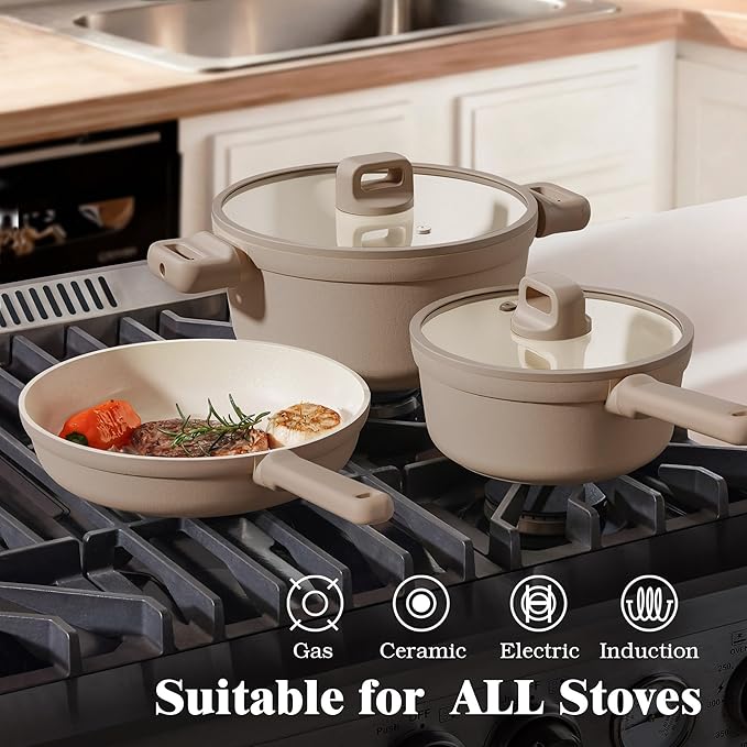 SENSARTE 20Pcs Pots and Pans Set Nonstick Ceramic Cookware Set Non Stick Non-toxic Healthy Kitchen Cooking Set Induction Compatible Dishwasher Safe PFAS/PTFE/PFOA Free TAUPE