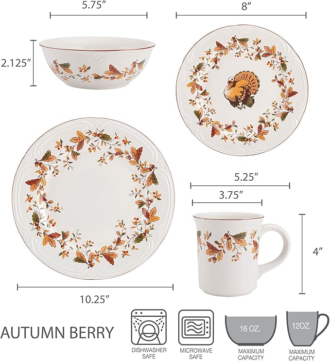 Pfaltzgraff Autumn Berry 16 Piece Dinnerware Set Service for 4 Multi Colored