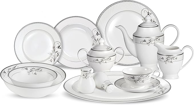 Lorenzo 57 Piece Elegant Bone China Service for 8 Viola Dinnerware Sets Silver