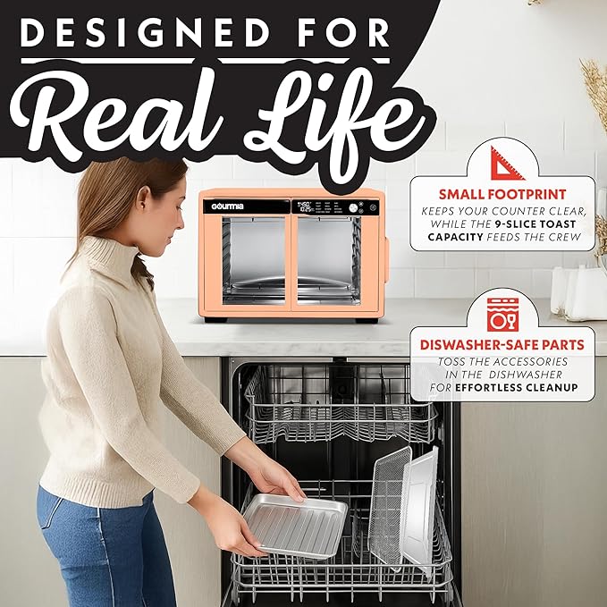 Gourmia French Door Air Fryer Oven - 37 Qt Large Capacity Convection Toaster Oven FryForce 360° Digital Display 12 Cooking Presets Dehydrate Fits 13” Pizza Dishwasher-Safe Peach