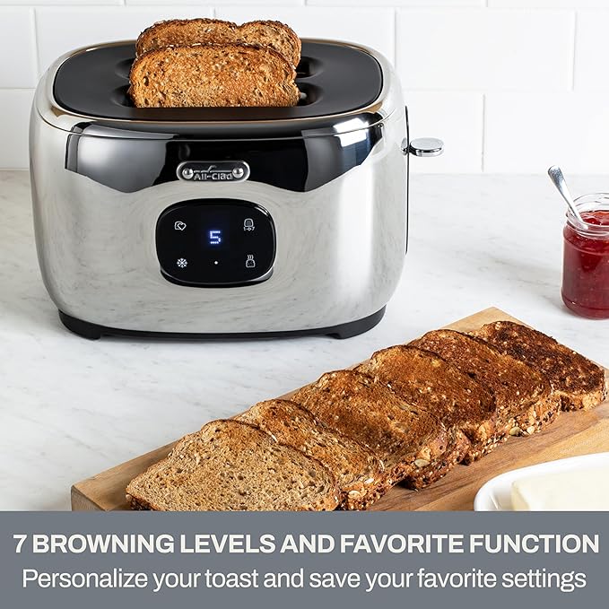 All-Clad Stainless Steel Toaster 2 Slot Removable Crumb Tray 850 Watts 7 Browning Levels Intuitive Touchscreen Extra High Lift Silver