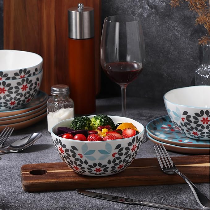 Lorren Home Trends Floral Bone China Dinnerware Set 12 Piece Service for 4 Blue Red Gray Pattern Dishwasher Microwave Safe