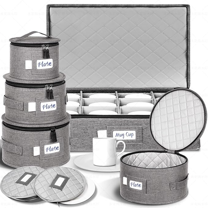LUXULA China Storage Containers for 12 Place Setting with Two Plate Bags 5 Pcs Hard Shell Quilted China Storage Cases for Dinner Plates Salad Plates Dessert Plates Saucers Cups &amp Mug Storage