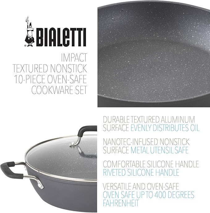 Bialetti Impact 10-Piece Textured Aluminum Cookware Set with Pots Pans and Dutch Oven Nonstick Pots and Pans Set for Kitchen Gray
