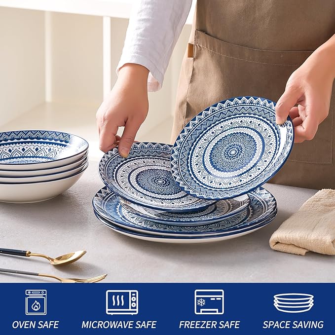 Bestone Ceramic 12-Pieces Dinnerware Sets Ceramic Dish Plates and Bowls Sets Dishes Set for 4 Dinner Salad Dessert Plates and Cereal Bowls Set GiftVintage Blue