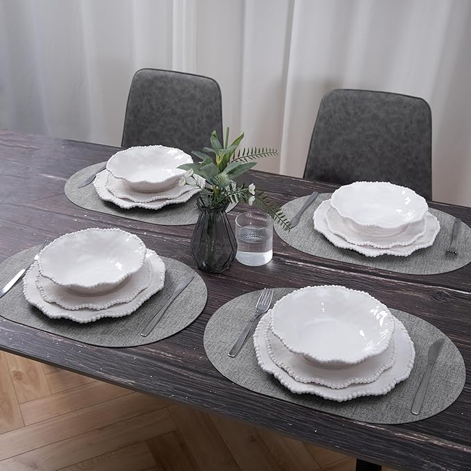 Creamy Beaded Melamine Dinnerware Sets Set of 618 piece Farmhouse Plates and Bowls Set Lightweight BPA-Free Scalloped Rim Dishes Dinner Serving Set for Indoor &amp Outdoor Use off-white