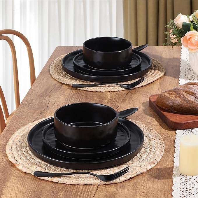 LIANYU Stoneware Dinnerware Dishes Sets for 8 24 Piece Plates and Bowls Dishware Set Ceramic Dinning Ware Includes Dinner Salad Plates Cereal Bowls Chip &amp Scratch Resistant Obsidian Matte Bla