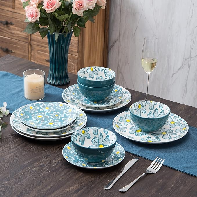 12-pieces Dinnerware Set Ceramic Dish Set Plates Sets Service for 4 Bowl Sets Stoneware Dinnerware Sets 12pcs Plate and Bowl Set for kitchen