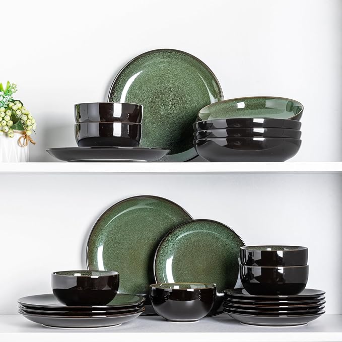 LeRatio Ceramic Dinnerware Sets for 6Plates and Bowls SetsHandmade Reactive Glaze Dishes SetChip Resistant and Scratch Resistant | Oven&ampDishwasher &amp Microwave SafeService for 6-Green (22PC