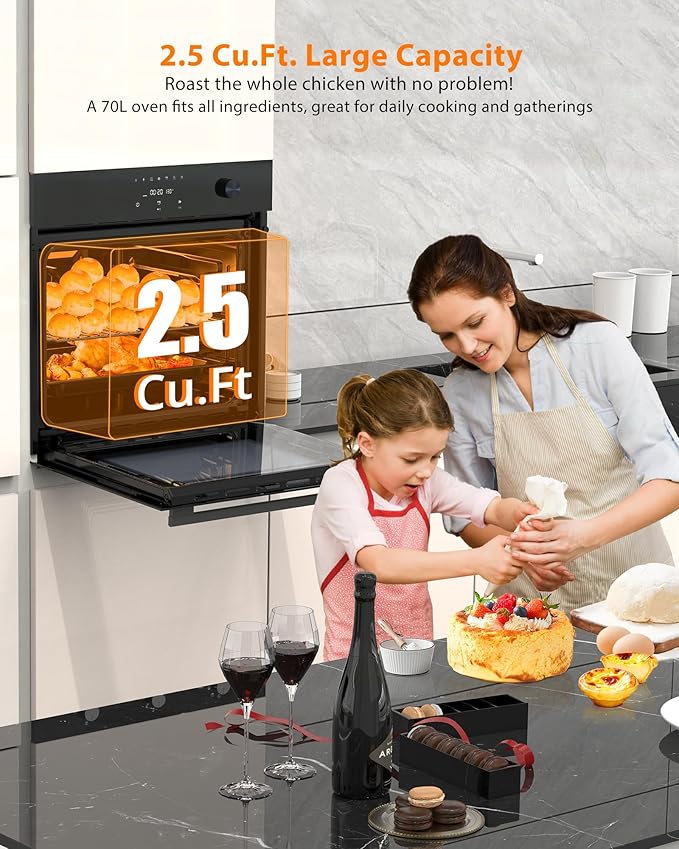 24 Electric Built-in Wall Oven - Single Design with 8 Cooking Modes 108 Smart Menus 2.5 Cu.ft Convection Stainless Steel Touch Control Timer Safety Lock 3000W 240V Black
