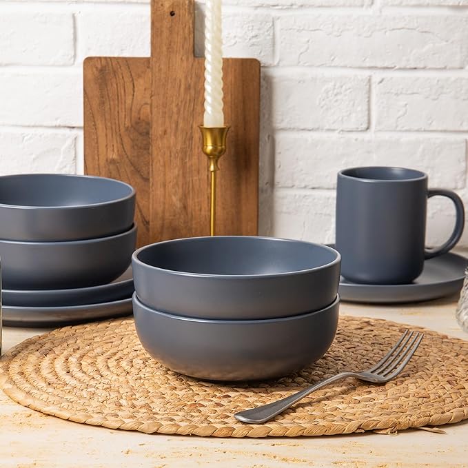 12-Piece Stoneware Dinnerware Set with Mugs | Microwave and Dishwasher Friendly | Stackable Matte Glaze Plates &amp Bowls | Service for 3 (Blue for 4)