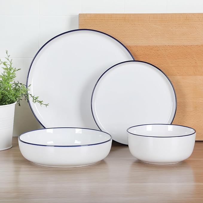 Gibson Home Oslo 16-Piece Porcelain Ceramic Chip &amp Scratch Resistant Dishes Microwave &amp Dishwasher Safe Plates and Bowls Dinnerware Set White w/Blue Rim