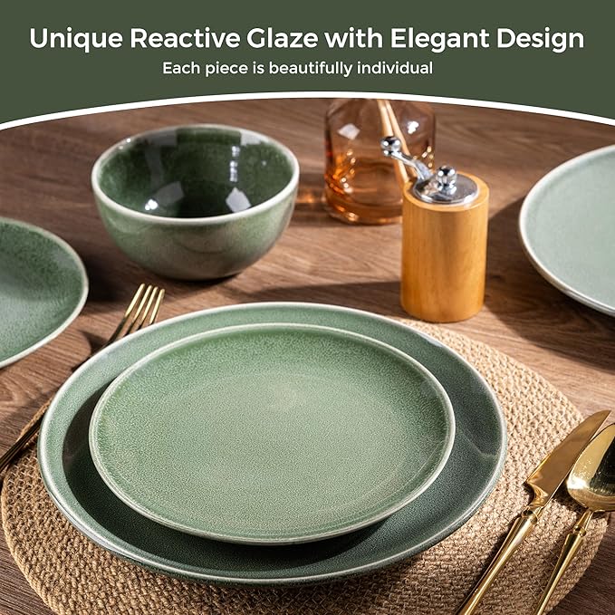 AmorArc Ceramic Dinnerware Sets for 4 12 Pieces Handpainted Plates and Bowls Set Scratch Resistant Stoneware Dishes Set Dishwasher &amp Microwave Safe Jade Green