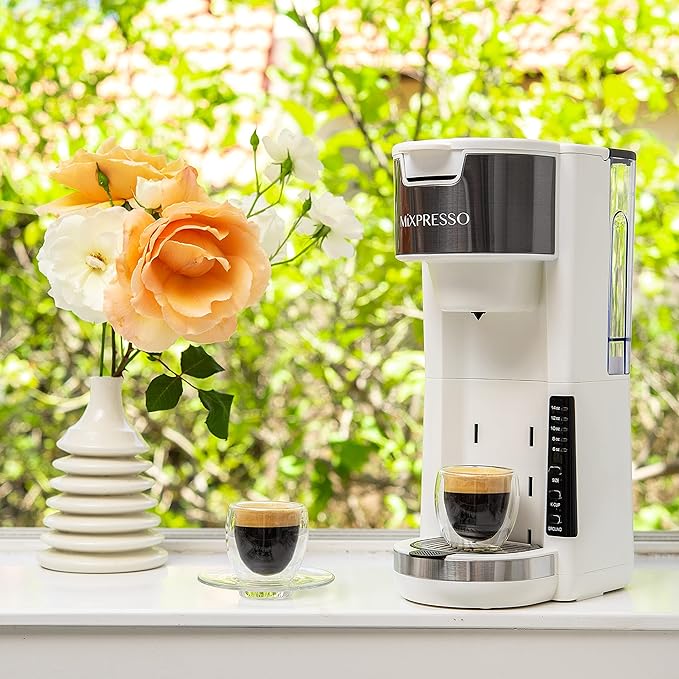 Mixpresso White Single Serve Coffee Brewer K-Cup Pods Compatible &amp Ground 30 oz Compact Coffee Maker Single Serve With 5 Brew Sizes Up To 14 Oz Fits Travel Mug Adjustable Drip Tray