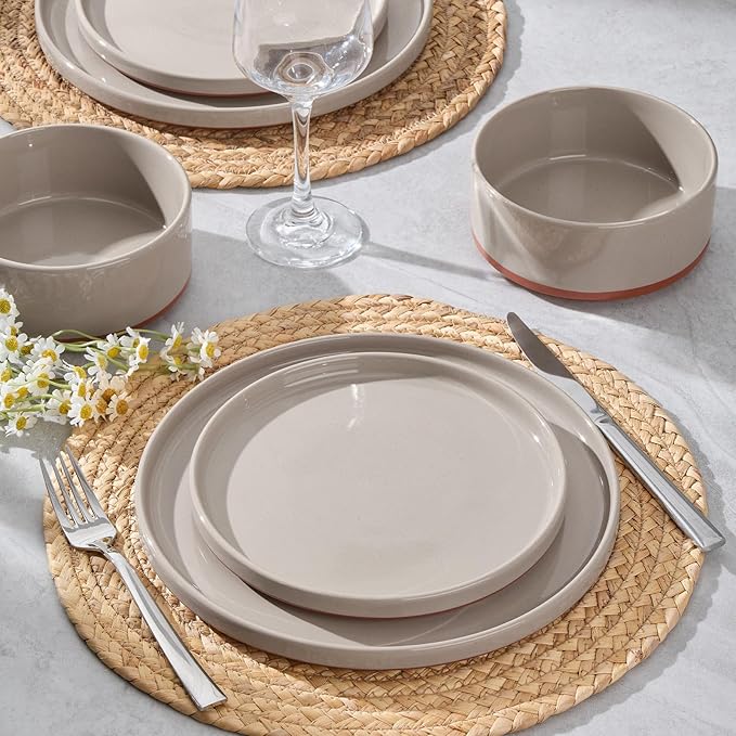 LIANYU 18 Piece Dinnerware Sets for 6 Modern Style Stoneware Dinnerware Set Scratch Resistant Dishwasher Safe Bowl and Plate Sets Ceramic Dish Dinner Set Terra Brown