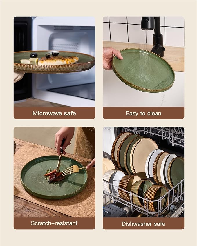 Stoneware Dinnerware Sets Handcrafted Double Reactive Glaze Plates and Bowls for Everyday &amp Formal Dining Microwave &amp Dishwasher Safe Scratch Resistant Dishes Service for 4 (12-Piece) Moss