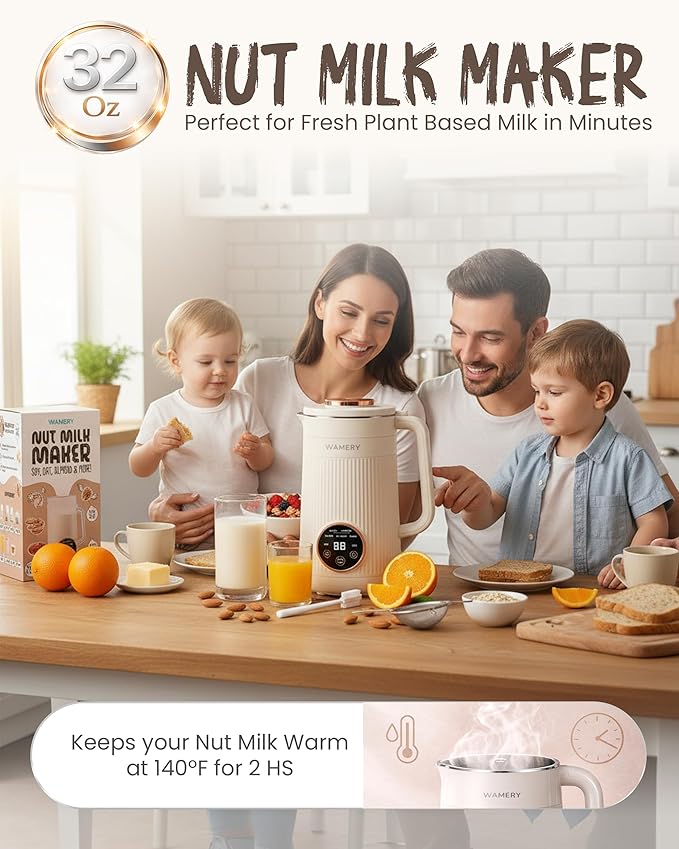 Wamery 32oz Nut Milk Machine (Black) - Soy Milk Maker for Almond &amp Oat Fruit Blender Automatic Heated Programs Self‑Cleaning Delay Start Keep Warm &amp Boil Water 1‑Liter Capacity with Star