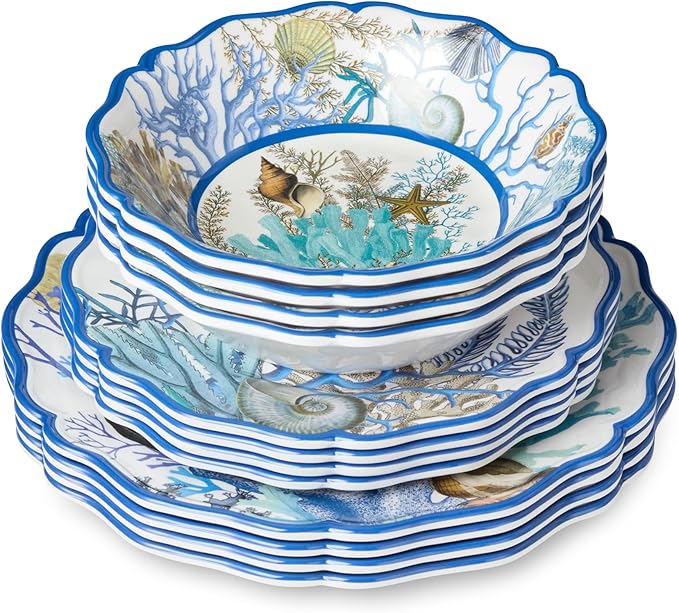 Blue Lagoon Melamine 12-Piece Dinnerware Set – Coastal Coral and Shell Design Service for 4 – 11 Dinner Plates 9 Salad Plates and 28oz Bowls – Durable Lightweight BPA-Free Dishwasher SafE